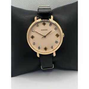 Fossil ES4473 Women's Black Leather Analog Pink Dial Quartz Genuine Watch OP64